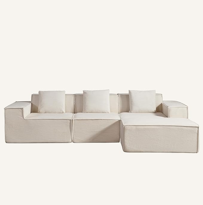 Rowan Convertible Corduroy Sectional Couch with Ottoman & Pillows, Modular L Shaped Sleeper Sofa, Boneless Cloud Couch for Living Room Furniture, Beige