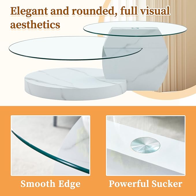Ebullient Glass Coffee Table, 42" Oval Coffee Table, 2-Tier Glass Tabletop with White Faux Marble Pattern Base, Easy to Maintain and Assemble, Ideal for Dining Room, Living Room