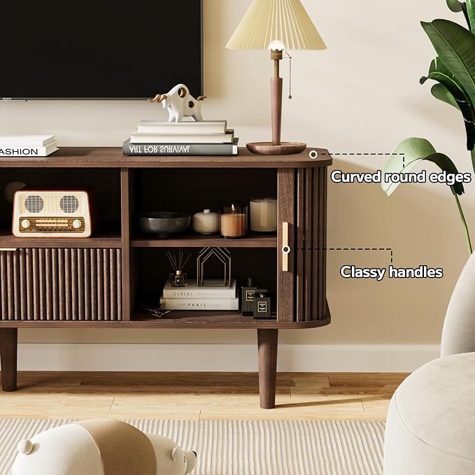 Fluted TV Stand, 55 Inch Mid Century Modern Media Console Table with Sliding Tambour Door Farmhouse Sideboard Buffet Cabinet Fits TVs up to 60 inch, Wood Entertainment Center for Living Room - Image 7