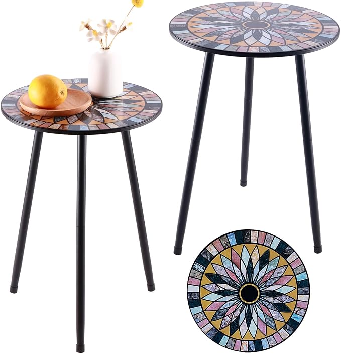 Party Zealot Metal Mosaic Round Side Tables Set of Two 13.4" Small Outdoor Patio Round Accent Coffee Tables Indoor Corner Stand for Small Spaces Weather-Resistant for Balcony Plant Stand by PartyZealot
