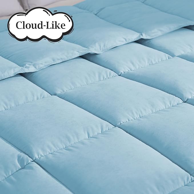 Peace nest Queen Size Goose Feather Fiber and Down Comforter Fluffy Duvet Insert All Season Hotel Luxury Bedding Comforters Soft Medium Warmth 88x88 Inches Blue