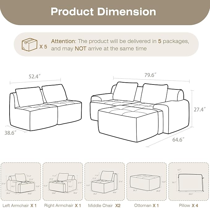 Modular Sectional Sofa, Boneless Couches for Living Room, Corduroy Couch, Big Comfy Couch, Modular Cloud Sofa with Deep Seat (Black, 5 Pieces-Side Shape)