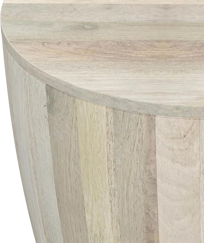 SIMPLIHOME Elmbrook End Table - 21 inch Wide Solid Mango Wood Round Drum Table with Vertical Panel Detailing in White Wash, Modern Nightstand or Plant Stand for Living Room or Bedroom, Assembled