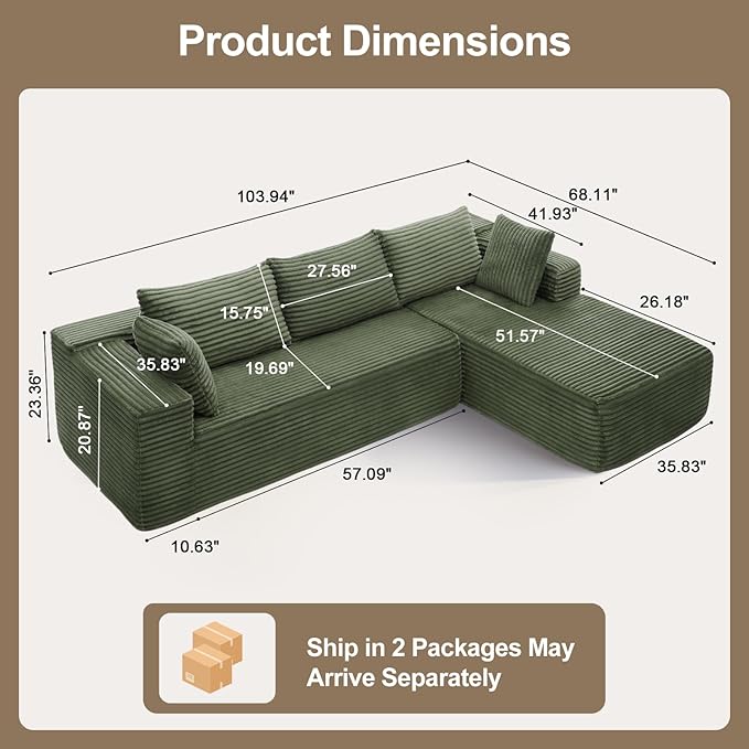 104" Modular Sectional Sofa for Living Room, Sectional Couches with Deep Seat, L-Shape Couch with Chaise, Boneless Couch for Living Room Bedroom, No Assembly Required (Right, Green)