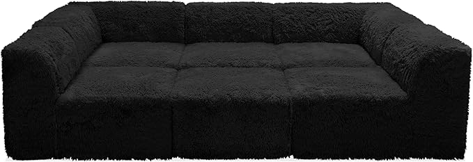 Furniture of America Havyn Modern Faux Fur 6-Seater Modular Foam Sofa Bed with Ottoman, Compressed Couch in a Box, No Assembly Required, for Living Room and Office, Black