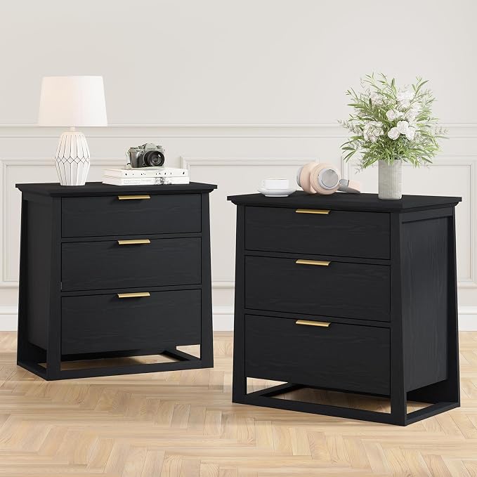 Rresyet 3 Drawer Nightstand Set of 2, 26 inch Wide Night Stand with Spacious Storage Set, Wooden Bedside Table for Bedroom & Office (Black) by ReinventingtheGoodinLife