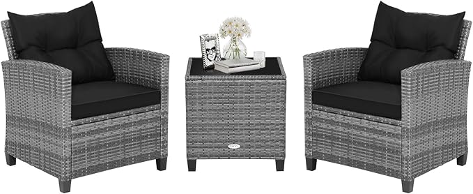 HAPPYGRILL 3 Pieces Patio Conversation Set, Outdoor Furniture Set PE Rattan Sofa Set with Removable Cushions, PE Wicker Chairs with Tempered Glass Side Table for Porch Lawn Garden Balcony Backyard
