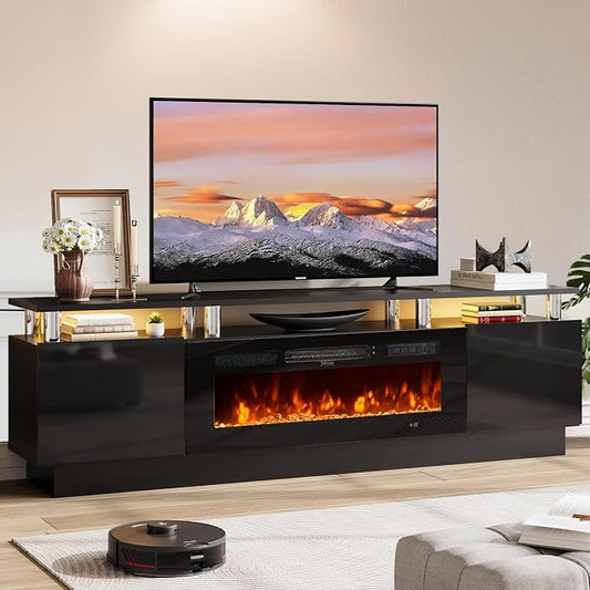 70" TV Stand for Living Room, Modern Entertainment Center & Media Console, Fits TVs up to 80", Storage Cabinet with Shelves, 36" Electric Fireplace with LED Flame (All Black) by Unknown