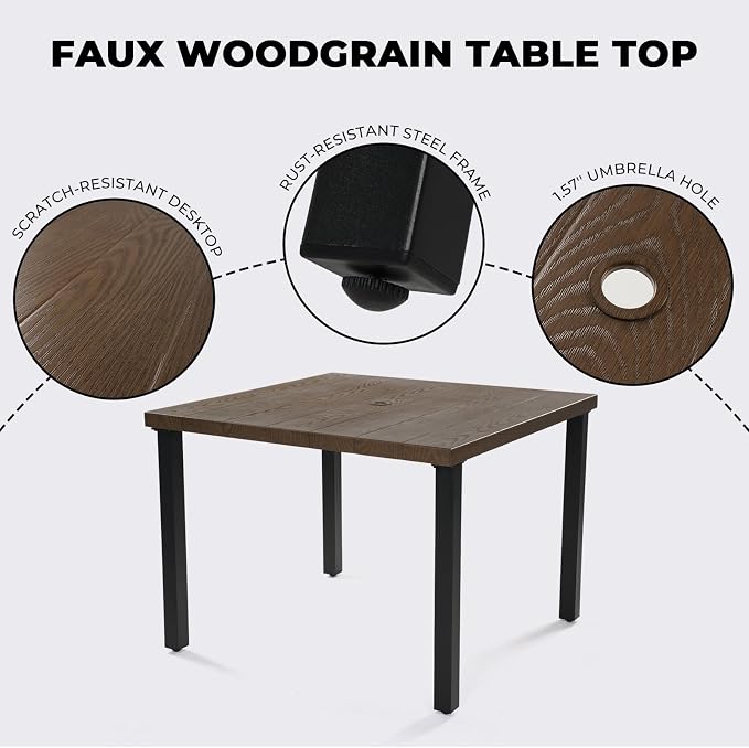 Grand patio 5-Piece Outdoor Dining Set, 4 Leather-Look Wicker Swivel Patio Chairs & 1 Square Woodgrain Dining Table, Brown - Image 7