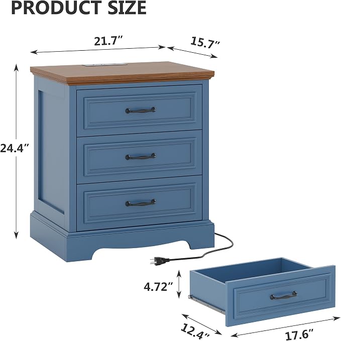 Farmhouse Nightstand Set of 2, Wood Night Stand with 3 Drawers and Charging Station Modern Bedside Table for Bedroom End Side Table Storage Cabinet Small 6 Drawers Dresser (2, Blue) - Image 3