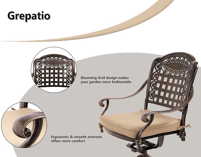 Grepatio 5 Piece Outdoor Dining Set Cast Aluminum Patio Table and Chairs Outside Furniture 4 Mesh Swivel Chairs with Khaki Cushion and 1 Umbrella Hole Round Dining Table for Lawn Garden (Grid Khaki) - Image 3