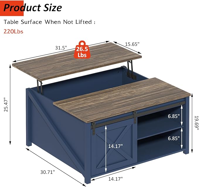 PUKAMI Lift Top Coffee Table with Storage, 31.5" Farmhouse Coffee Table for Living Room, Square Coffee Tables with Large Hidden Storage and Sliding Barn Doors, Navy Blue