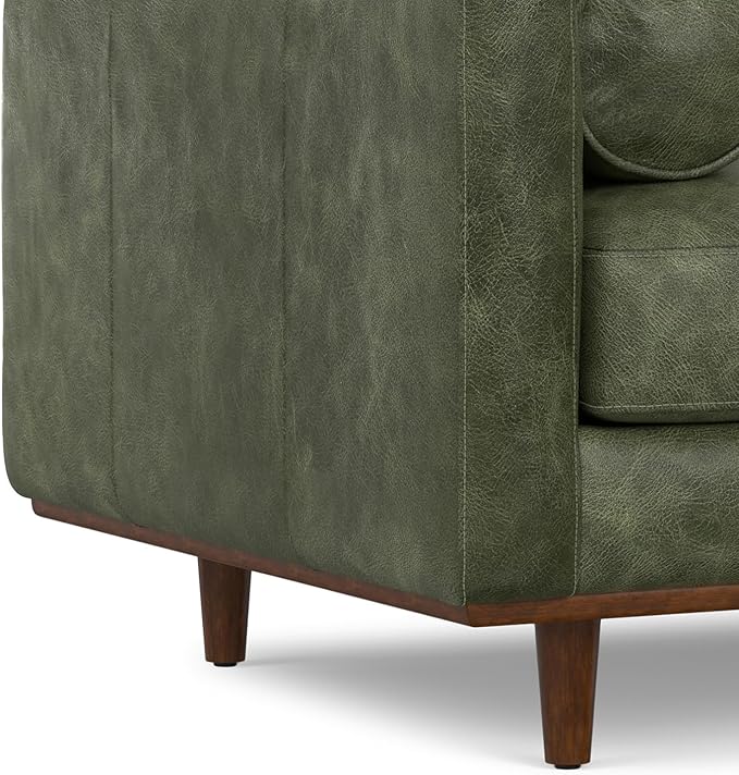 SIMPLIHOME Morrison Arm Chair - 42 inch Wide Upholstered Genuine Leather Mid-Century Modern Accent Chair in Moss Green with Solid Wood Legs, Reversible Bolster Pillows and Reclined Back