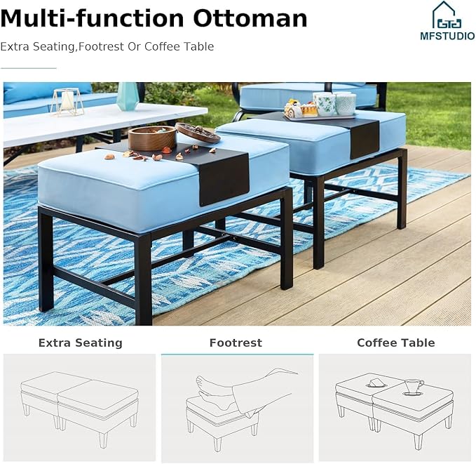 MFSTUDIO 5 Pieces Patio Conversation Sets,Outdoor Metal Furniture Sofas with 1 x 3-Seat Sofa, 2 x Rocking Chairs,2 x Ottoman,Wrought Iron Frame with Blue Cushion for Patio Courtyard Balcony