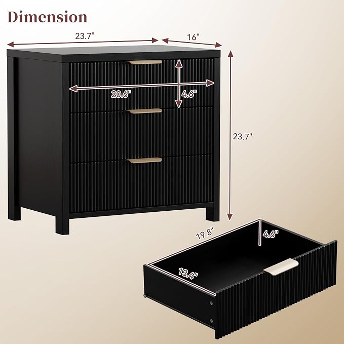 Fluted Nightstand, 23.7'' Wide Night Stand with 3 Drawers, Mid-Century Modern Bedside Table with Handles, Wood End Table for Bedroom, Black - Image 2