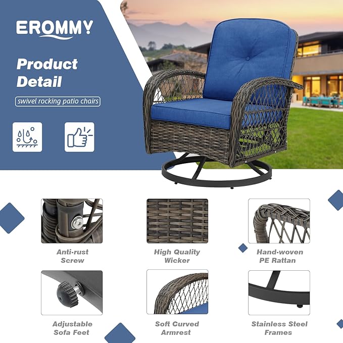 EROMMY 3 Pieces Outdoor Swivel Rocker Patio Chairs, 360 Degree Rocking Patio Conversation Set with Thickened Cushions and Glass Coffee Table for Backyard, Navy Blue