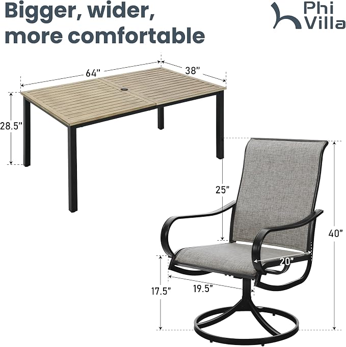 PHI VILLA Patio Dining Table and Chairs, 6 Swivel Dining Chairs with Armrest, Brown Metal Slat Table Top with 1.6" Umbrella Hole, Rustproof E-Coating for All Weather - Image 9
