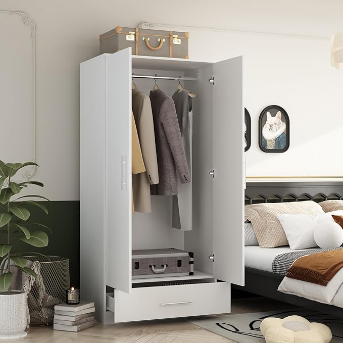 AIEGLE 2 Doors Wardrobe Armoire with Drawer, Freestanding Armoire Wardrobe Closet with Hanging Rod, Bedroom Wood Clothes Storage Cabinet Organizer in White (31.5" W x 18.9" D x 66.9" H)