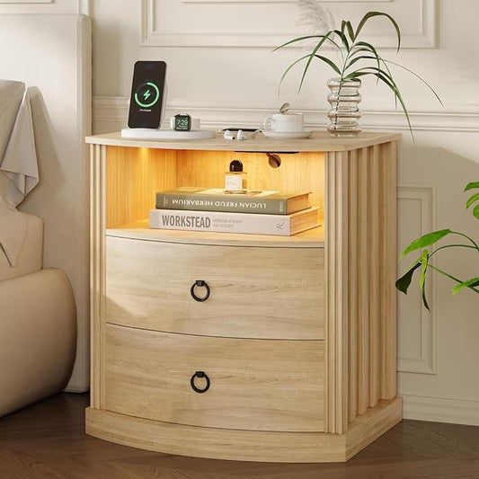Oak Nightstand with Charging Station and LED Light, Boho Bedside Table with 2 Curved Drawers, Open Shelf and Fluted Sides, Scandinavian Bedroom Furniture for Queen King Bed by CasvikDesgin