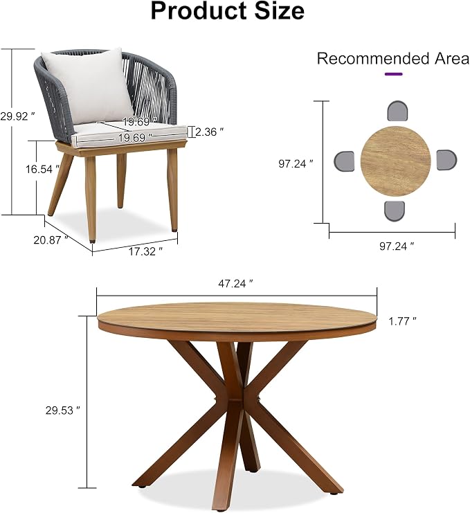 PURPLE LEAF 5 Pieces Patio Dining Set Wicker Outdoor Furniture Oversize Round Table and Chairs Set for Garden Deck Teak-Finish Aluminum Frame Backyard Kitchen Set, Cushions and Pillows Included - Image 7