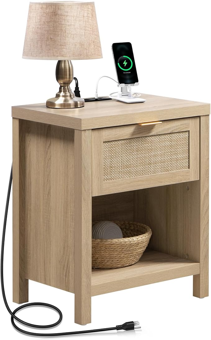SICOTAS Night Stand with Charging Station - Rattan Nightstand with Type-C and USB Ports, Farmhouse Boho Bed Side Table with Drawer and Open Shelf for Bedroom Small Space, Light Oak by SICOTAS