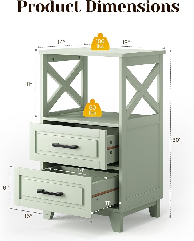 May in Color White Nightstand, Tall Bedside Table, Farmhouse Side Table with Storage Drawers and Open Shelf, Wooden Rustic End Table Cabinet for Bedroom, Home Office, Green - Image 2