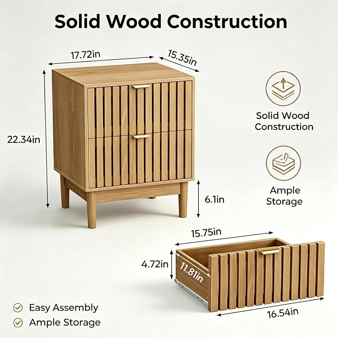 Kiasthome Mid-Century Wood Nightstand with 2 Drawers, Fluted Front Bedside Table, Functional End Table for Bedroom & Living Room (Light Oak (2-Pack)) - Image 2