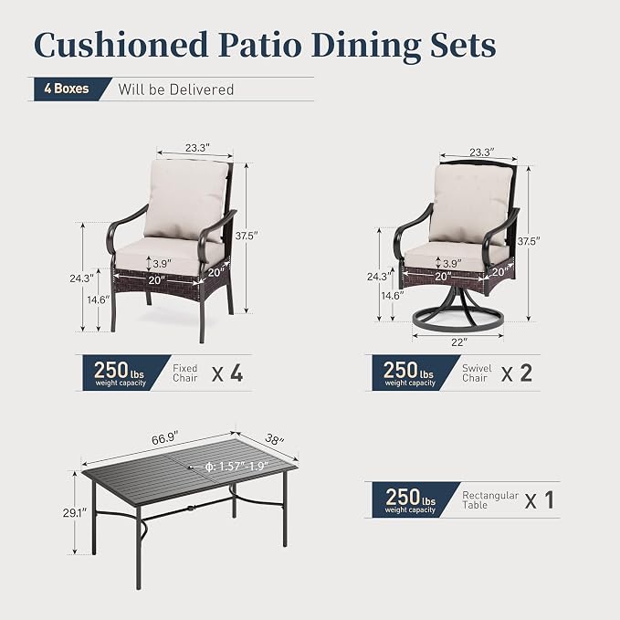 SUNSHINE VALLEY 7 Piece Patio Dining Set for 6, Outdoor Table and Chairs with Cushioned Wicker Swivel & Leg Patio Chairs & Black Dining Table (1.57-1.9”Umbrella Hole), Outdoor Dining Sets for Backyard - Image 6