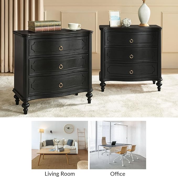 HULALA HOME Traditional Side Table with 3 Drawers, Tall Side Table with Curved Front Profle Desgin, Charging Station, Solid Wood Legs, Black - Image 6