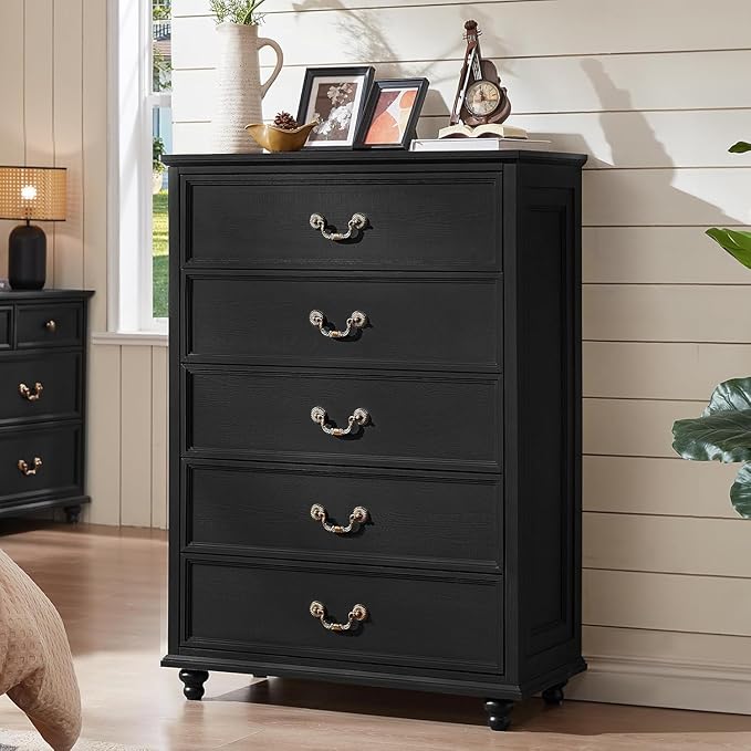 Joaxswe 24" Wide Farmhouse Nightstand with Charging Station Set of 2, 45" Tall Rustic Chests of 5 Drawers w/ 4 Solid Wood Feet, Farmhouse Furniture Series for Living Room,Bedroom,Black