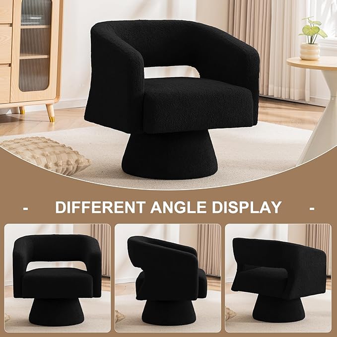 ClinQ Swivel Barrel Accent Chair, Oversized Teddy Upholstered Round Swivel Chairs Set of 2, Modern Luxury 360° Living Room Vanity Chair for Bedroom Office&Living Room, Black