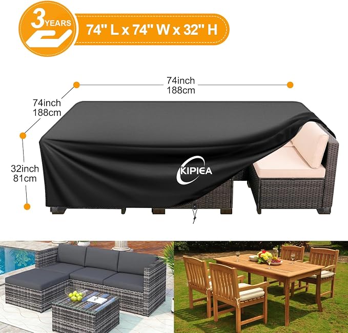 Kipiea Outdoor Furniture Covers Waterproof, 420D Heavy-Duty Patio Furniture Set Covers, No Tears Anti UV No Fading (74" L×74" W×28" H) - Image 2