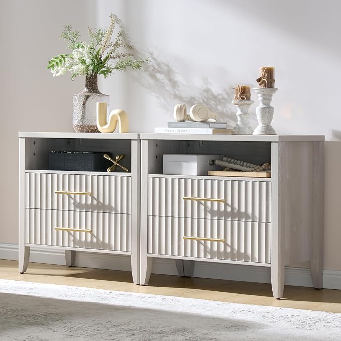 Fluted Nightstand with 2 Drawers, 27" Modern Nightstands Set of 2 with Storage Shelf, Large Queen Size Bedside Table and End Table for Bedroom, Office (Beige, 2 Pieces) by NOWABAY