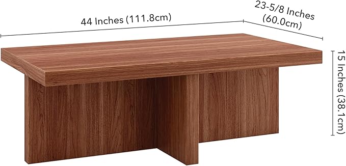 Henn&Hart 44" Rectangular Pedestal Low-Profile Coffee Table for Living Room, Family Room, or Office, Satin Walnut