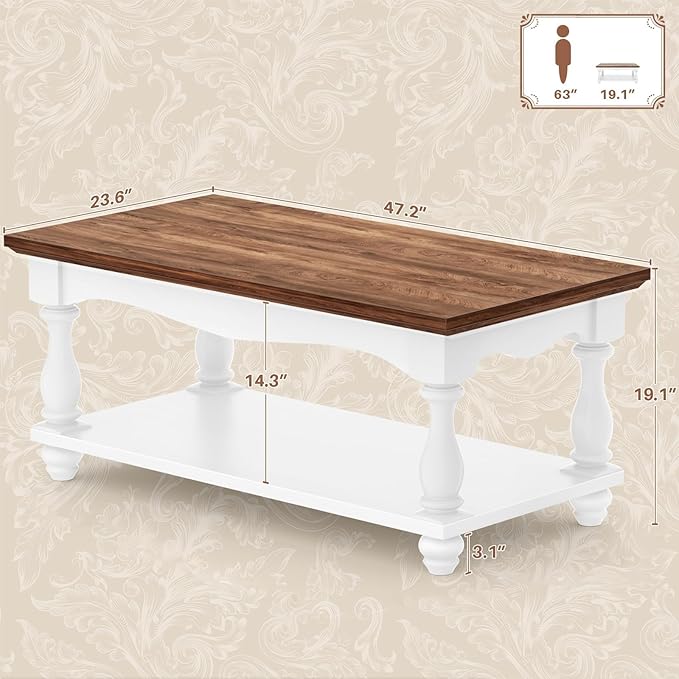 Farmhouse Coffee Table with Storage, 47" Mid Century Coffee Tables for Living Room, Modern 2-Tier Rectangle Coffee Table with Solid Wood Legs, Vintage Living Room Tables, Rustic Brown