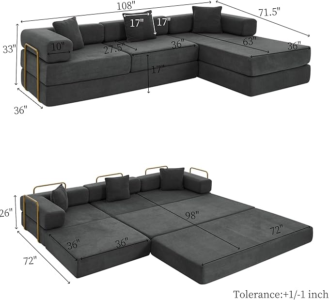Eafurn L Shaped Convertible Sleeper Sofa Bed King Size Sleeper Sofabed, 7-in-1 DIY Combination Corduroy Folding Mattress Couch with Fixed-Shape Frame, Boneless Floor Sofa Couch