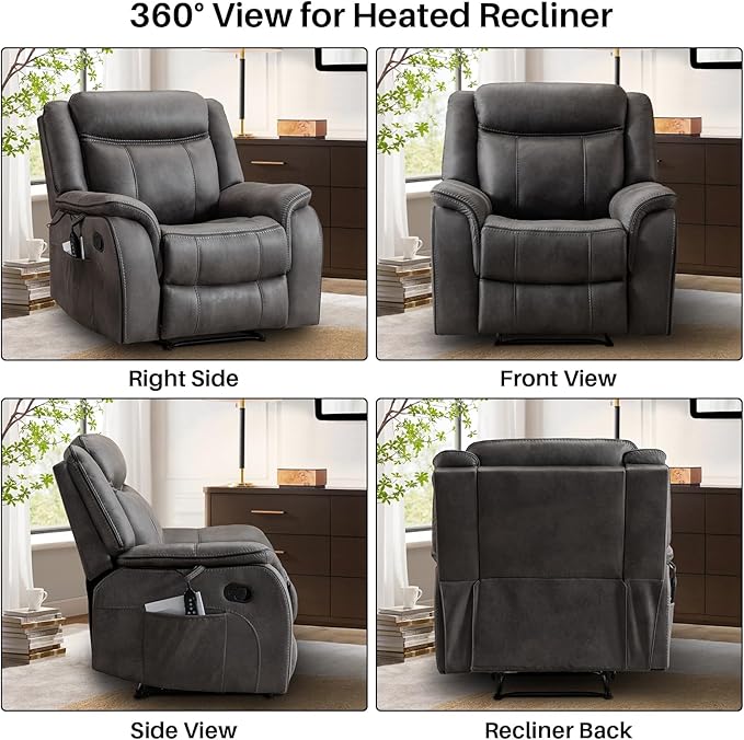 Massage Recliner Chair with Heat, Faux Leather Recliner Chairs for Adults, 39" Wide Manual Reclining Ergonomic Lounge Chair, Overstuffed Wall Hugger Recliners for Living Room, Grey