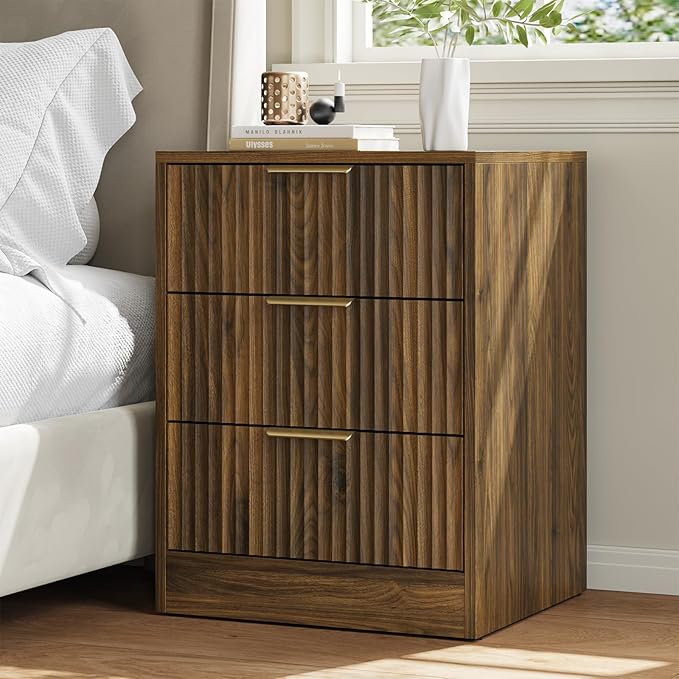Walnut Dresser & 3 Drawer Nightstand Set 3-Piece, 63” Long 9 Drawer Dresser and Night Stand Set of 2, Fluted Modern Wood Chest of Drawers Storage Dressers Set for Bedroom, Walnut