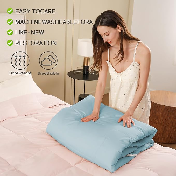 Joysoul Goose Feathers Fiber Comforter - Lightweight Ultra Soft Fabric Cover Breathable White Down Feather Fill, Blue King Size Duvet Insert (104" X 88")