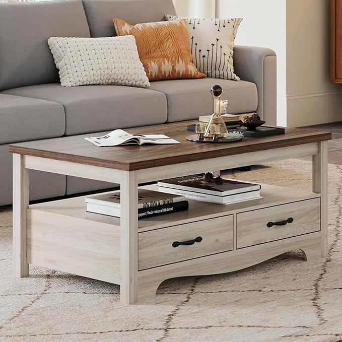 LINSY Farmhouse Coffee Table, Rectangle Coffee Table with Drawers, Rustic Wooden Coffee Tables with Storage, Center Table for Living Room, Apartment, Office, White Oak