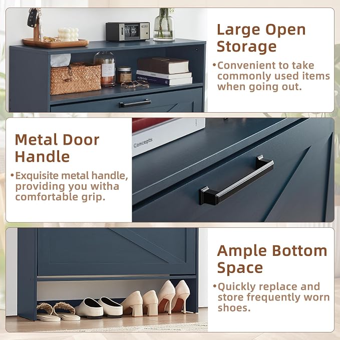 RWYHG Shoe Cabinet Storage for Entryway with 2 Flip Drawers Open Storage Layer Rack Narrow Organizer Slim Hidden Wood Shoe Cabinet Furniture Blue - Image 4