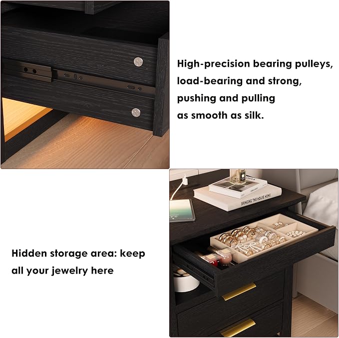 Rresyet 3 Drawer Nightstand with Charging Station & LED Lights & Open Shelf, Modern Night Stand with Storage, Wooden Bedside Table for Bedroom Room, Office (Black) - Image 5