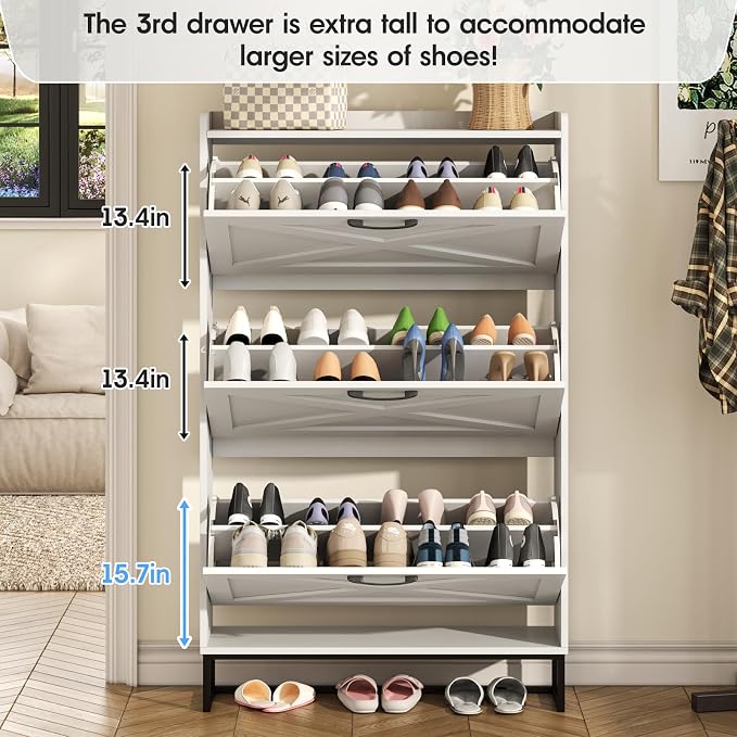 Maupvit Shoe Storage Cabinet with 3 Flip Drawers, Freestanding Organizer with Metal Legs for Entryway, Narrow Shoe Rack Cabinet, White - Image 5