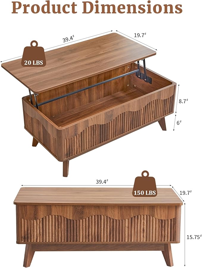 BERRYMERRY Lift Top Coffee Table with Hidden Storage, Farmhouse Fluted Coffee Table with Wave Profile, Rising Top Rectangular Center Table for Living Room (Walnut)