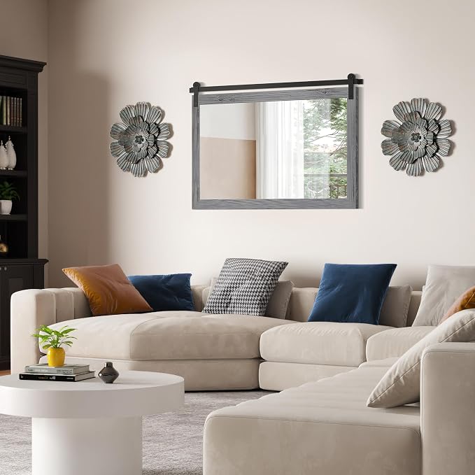 COGOOD Farmhouse Bathroom Mirror - 45 x 30 Rustic Wood Framed Wall Barn Door Mirror for Entryway, Living Room, Entryway Wall Decor (Grey) - Image 2