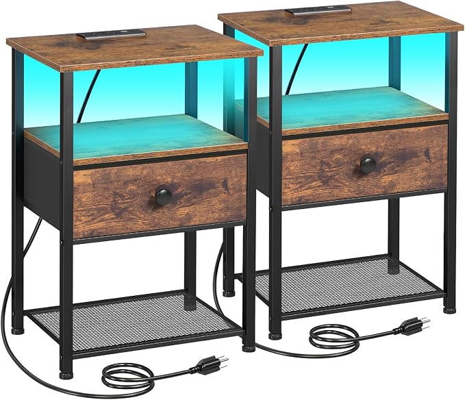 LOAKEKEL Night Stand Set 2, LED Nightstand with Charging Station, End Tables Living Room with Fabric Drawer for Small Spaces, Bed Side Tables with Storage Shelf for Bedroom, Brown, HETS01PBR by LOAKEKEL