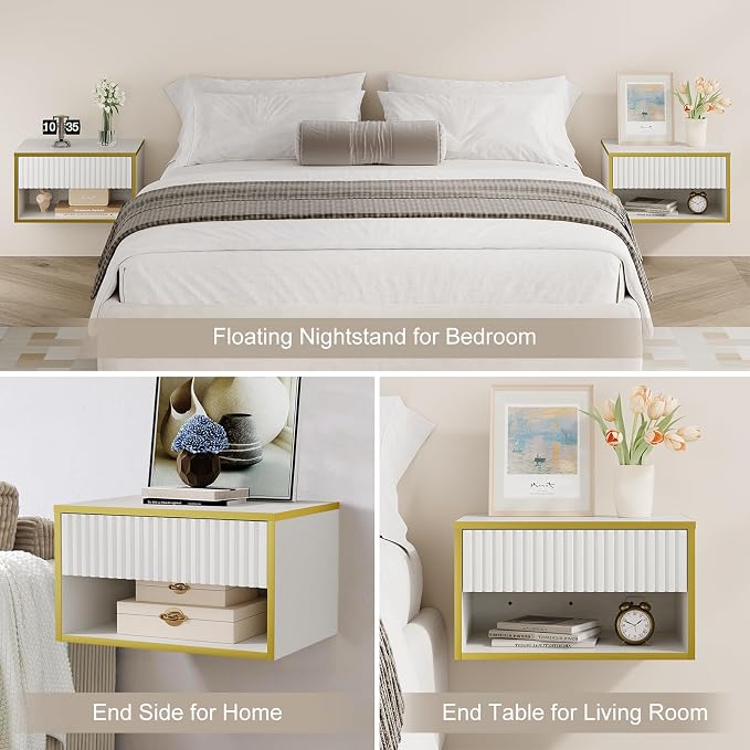 4ever2buy Floating Nightstand, Modern Night Stand with Drawer, Small Bedside Table End Table with Open Shelf Cubby, Wall Mounted Nightstand for Bedroom, White and Gold - Image 7