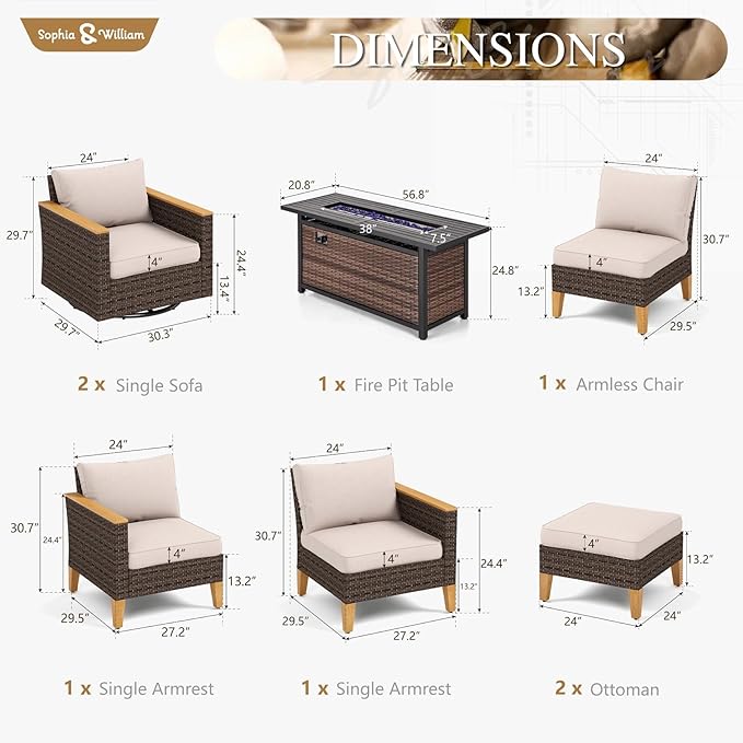 Sophia & William Patio Furniture Set with 56" Fire Pit Table & Swivel Chairs, 8 Piece Outdoor Sectional Furniture Wicker Modular Sofa Couch, Conversation Set for Deck Backyard Lawn, Beige