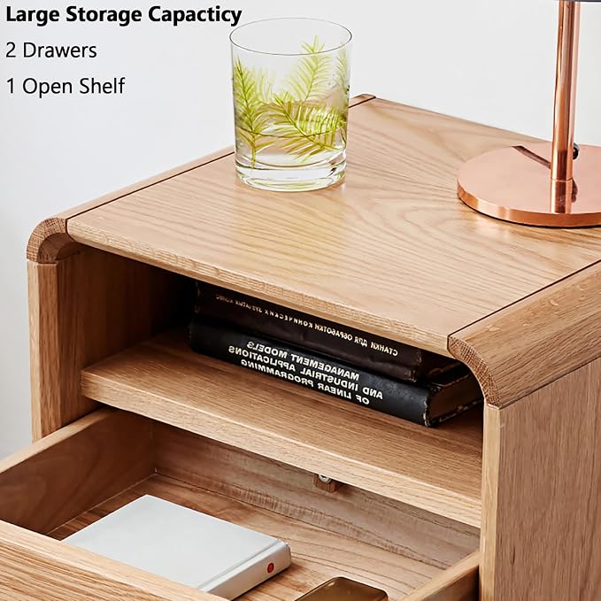 Solid Wood Nightstand, Mid Century Modern Small Nightstand with Two Drawers, Small Night Stand with Open Shelf, Oak Bedside Table for Bedroom, Dorm(Natural Wood Color) - Image 3