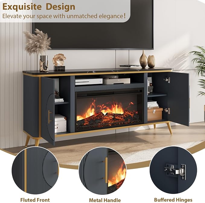 Fluted Fireplace TV Stand Up to 80" TVs, Modern Entertainment Center with 30" Electric Fireplace, Luxury Media Console with Adjustable Shelves for Living Room, Navy Blue - Image 6
